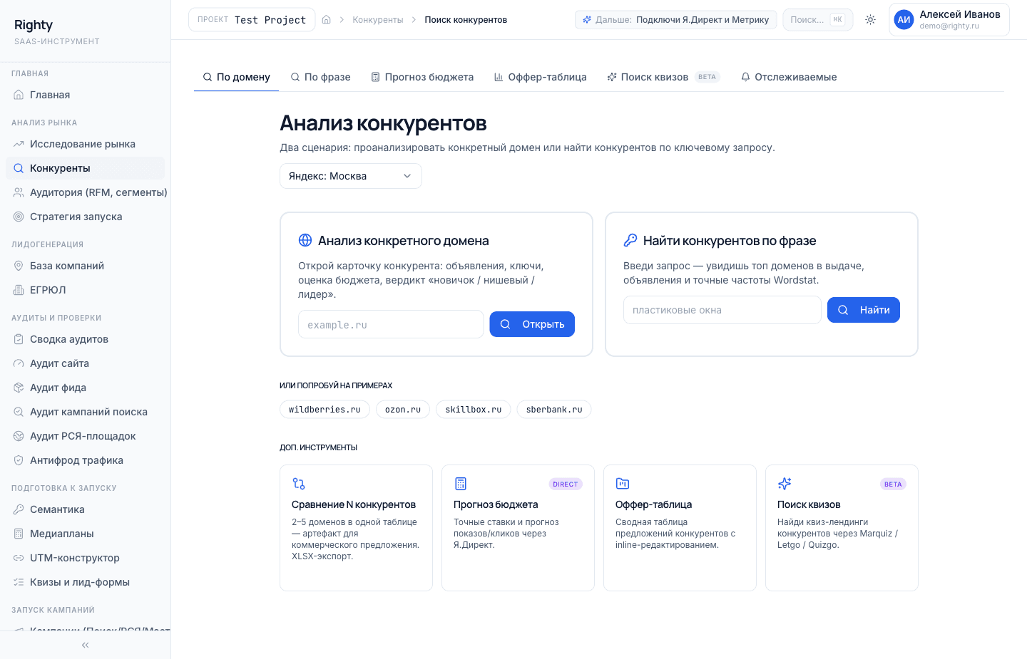 Экран анализа конкурентов в Righty